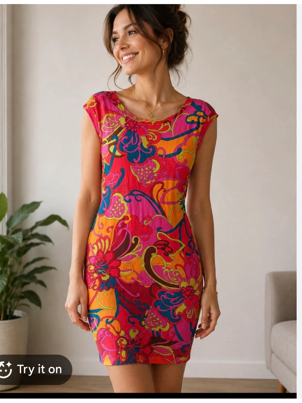 Trina Turk Hot Pink Multicolor Retro Knit Floral Mini Dress Small